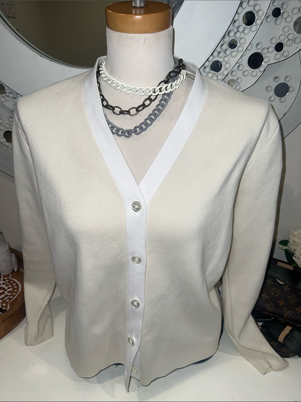 KULE Cream V-Neck Button-Front Cardigan with White Trim